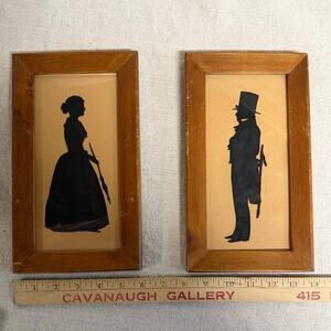 Vintage Silhouette Wall Art Pair Framed Victorian Man Woman Black Cameo Portrait